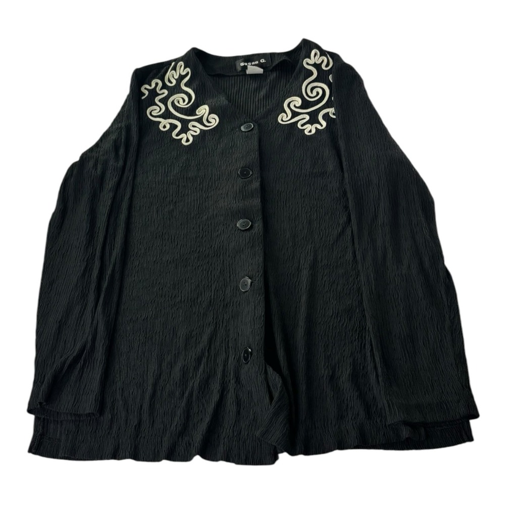 Susan G Women's Small Black Textured Button Front Embroidered Jacket